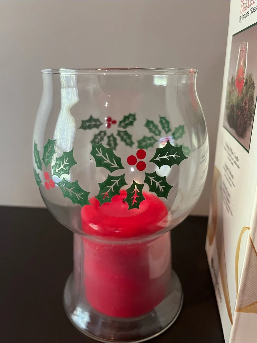 Vintage Indiana Glass, Holiday Classics “Holly” Floating Pillar Candle Holder